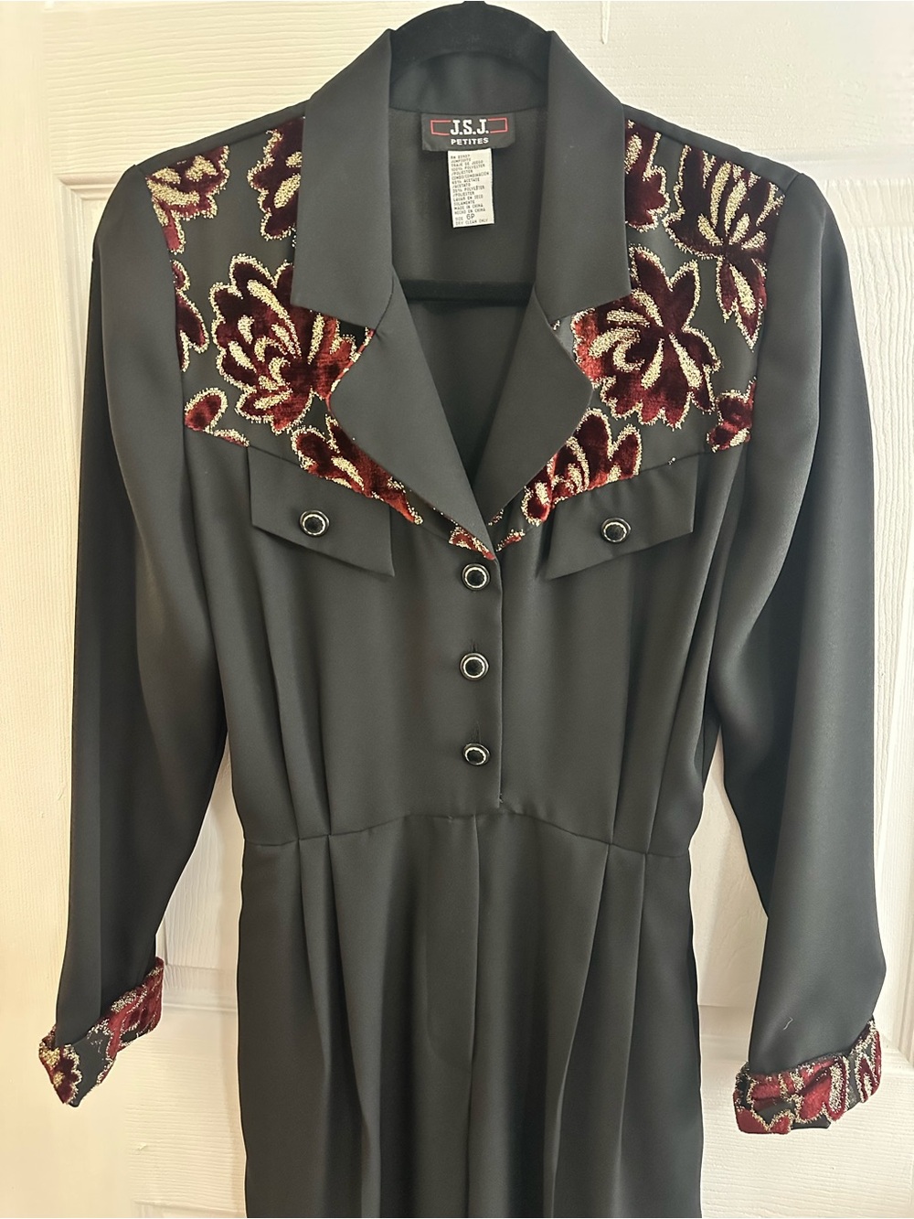 Vintage J.S.J. Petite Black Jumpsuit with Burgundy Floral Velvet Flower